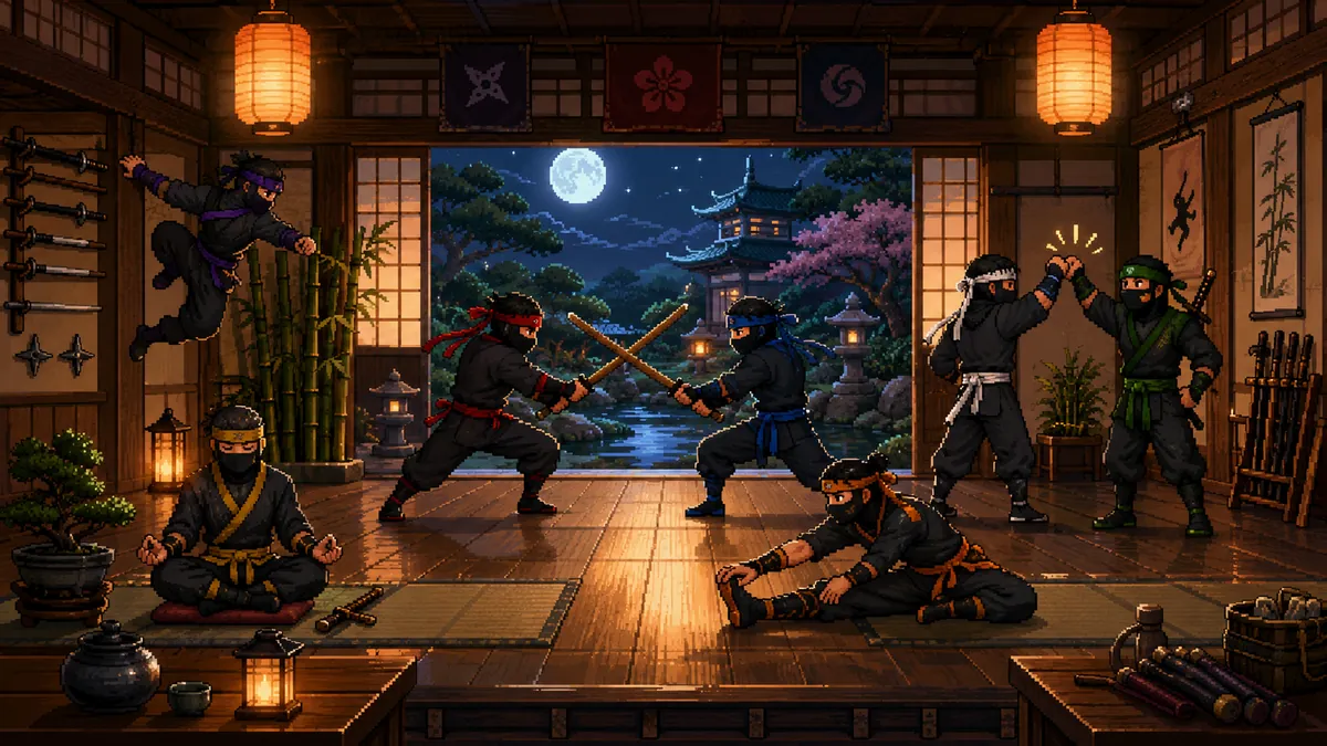 Pixel art of a moonlit training hall where several figures in black training uniforms spar with wooden swords, stretch and meditate together.