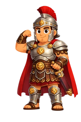 Hercules, a cartoon Roman soldier in lion crested armour and a red cape flexing his arm, the OPTMZ strength character.
