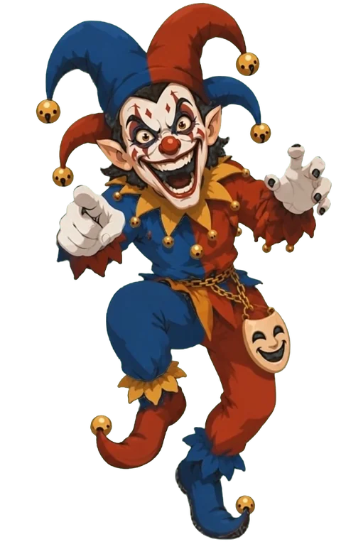 A cartoon jester in a red and blue costume with a belled hat, one of the characters unlocked through OPTMZ progression.