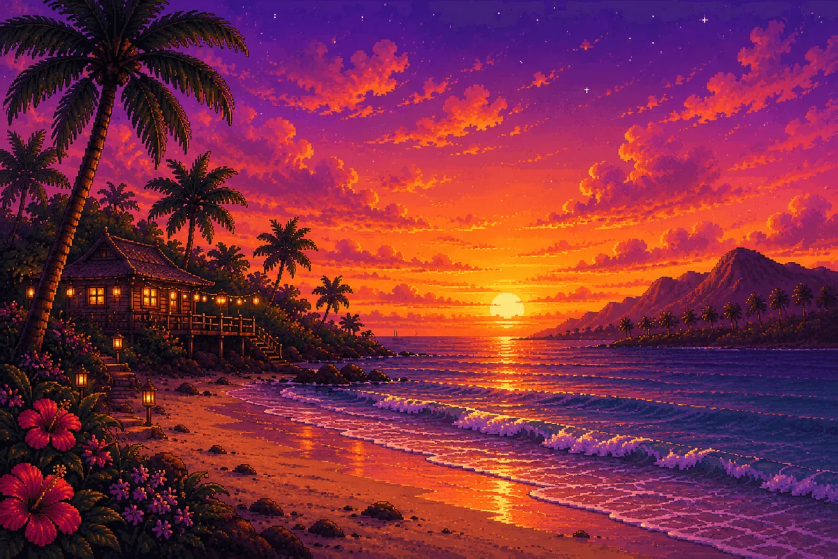 Pixel art of a beach at sunset with palm trees, a stilted wooden house, hibiscus flowers and orange clouds over the sea.