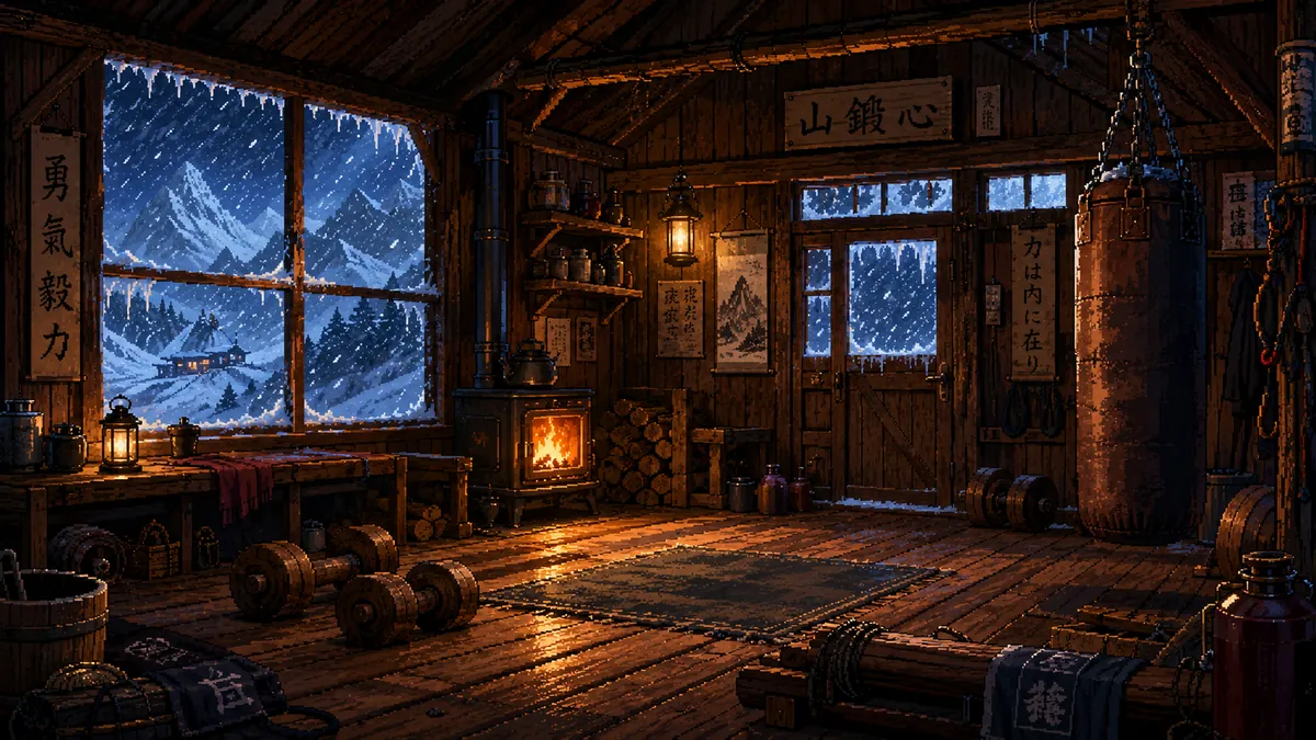 Pixel art of a mountain dojo interior with a wood burning stove, hanging heavy bag, wooden dumbbells and a snow covered mountain view through the window.