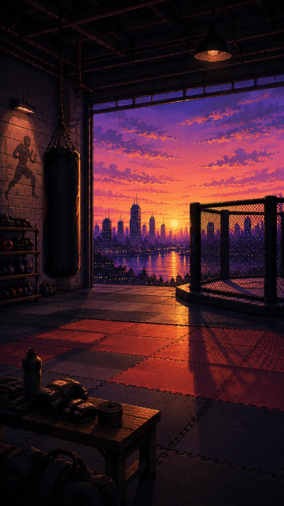 Pixel art of an OPTMZ training world showing a rooftop MMA gym with a heavy bag, kettlebells and a caged mat area overlooking a city skyline at sunset.