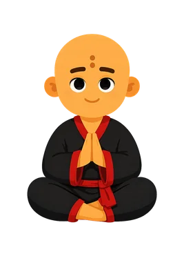 A cartoon monk in black robes sitting cross legged with palms pressed together, the OPTMZ focus character.
