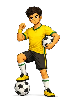 A cartoon footballer in a yellow shirt and black shorts resting one boot on a football, the OPTMZ sport character.