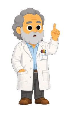 Plato drawn as a cartoon grey haired philosopher in a white lab coat raising one finger, the OPTMZ knowledge character.