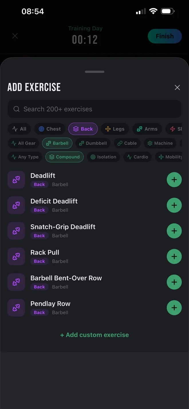 The OPTMZ exercise picker with a searchable library filtered to barbell back compound movements including deadlift and bent-over row.