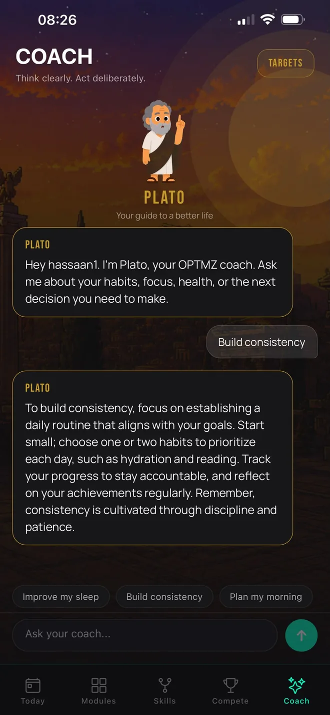 The OPTMZ AI Coach screen where the Plato character answers a question about building consistency with advice on starting small and tracking progress.