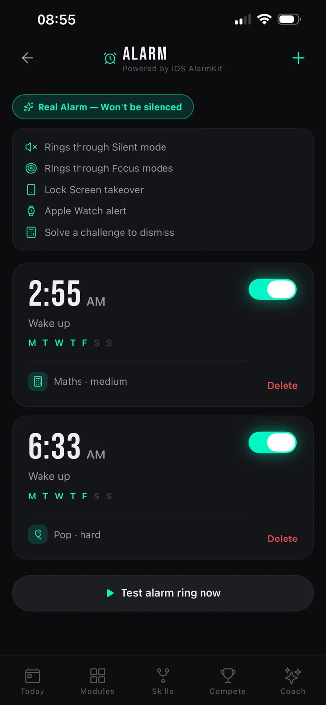 The OPTMZ alarm screen built on iOS AlarmKit, showing alarms that ring through silent mode and require solving a challenge to dismiss.