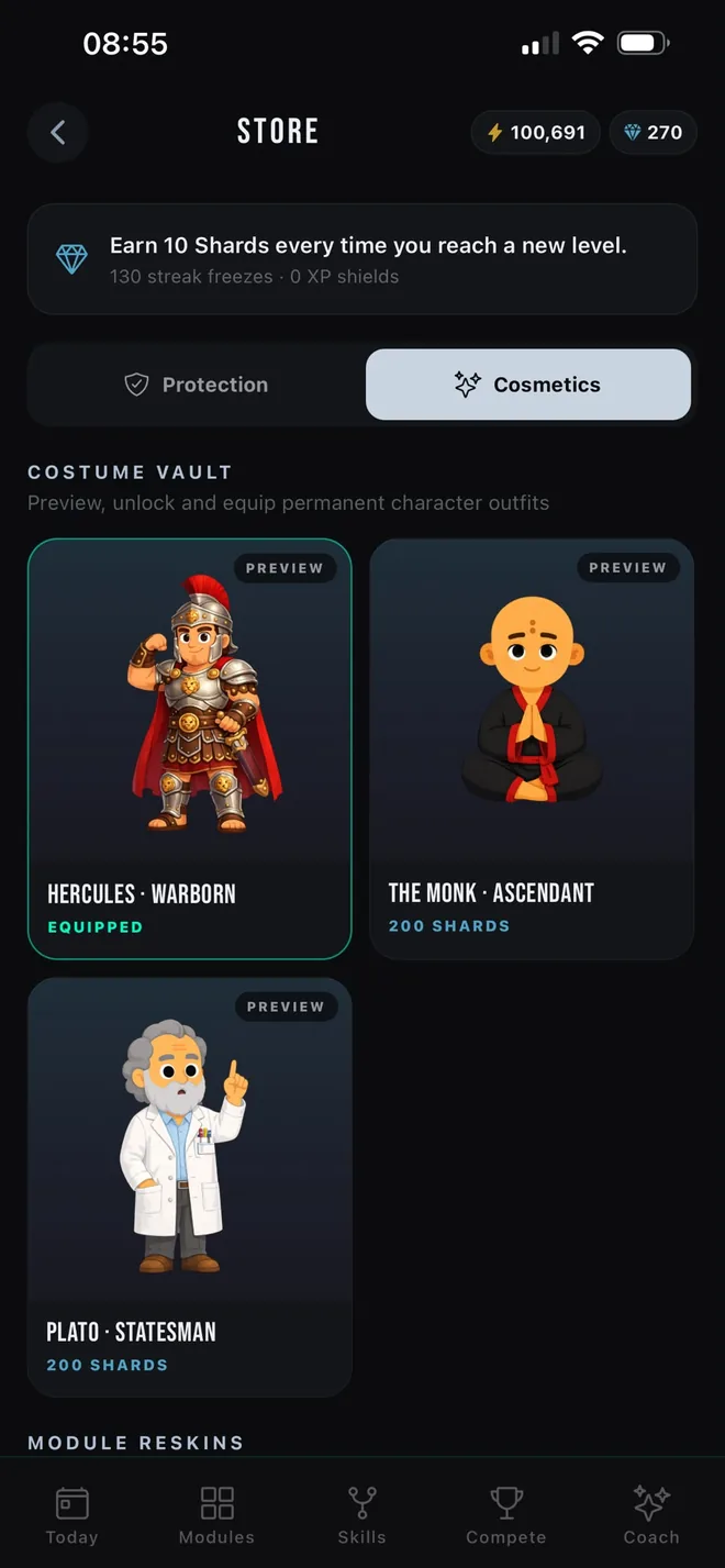 The OPTMZ costume vault where character outfits such as Hercules Warborn and Plato Statesman are previewed, unlocked and equipped.