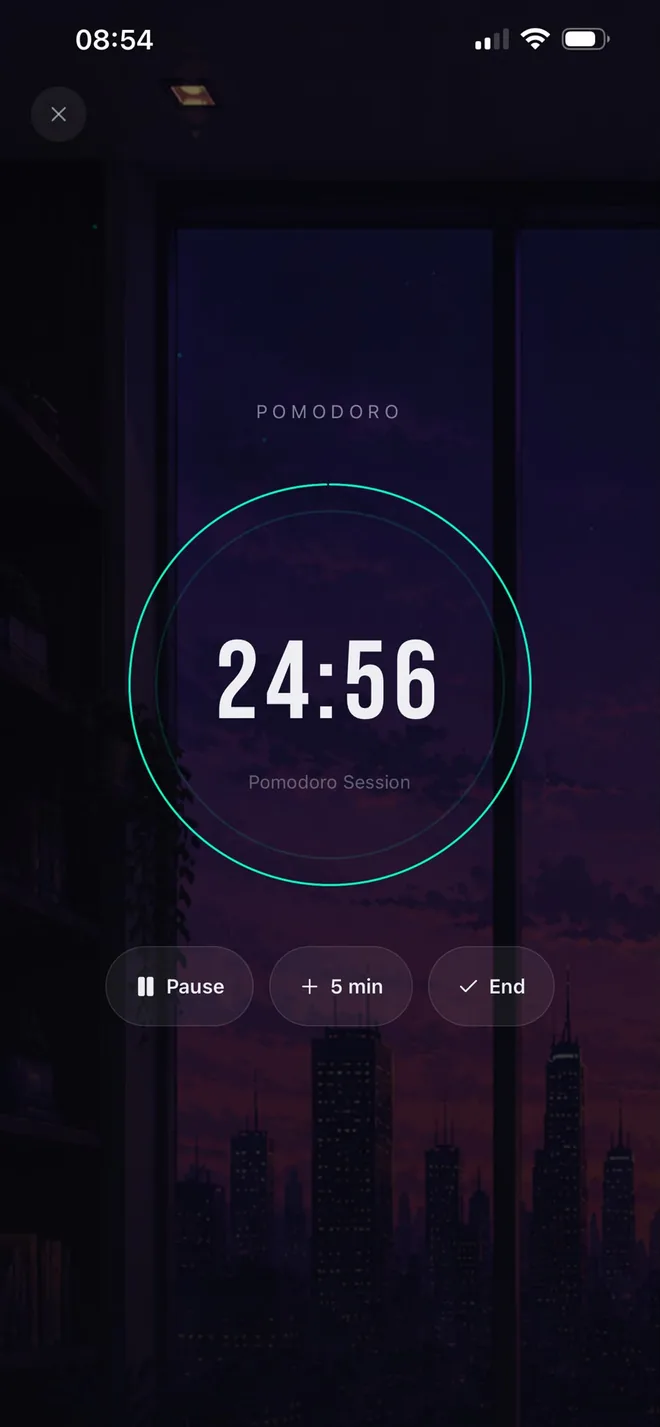 An OPTMZ pomodoro focus session counting down from twenty five minutes over an illustrated city skyline, with pause, extend and end controls.