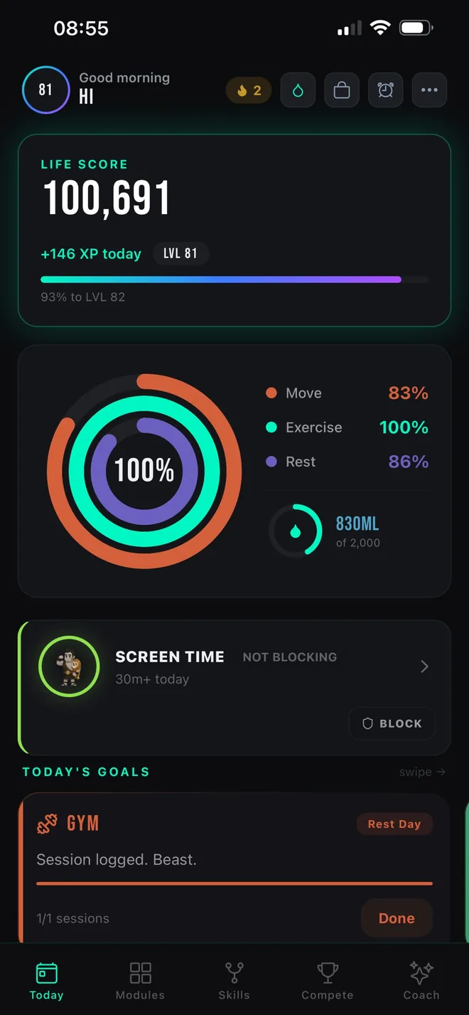 The OPTMZ home screen showing a Life Score of 100,691, level 81 with a progress bar to the next level, daily Move, Exercise and Rest rings, hydration progress and a screen time card.
