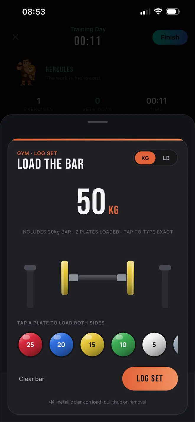The OPTMZ set logger, a visual barbell loaded to 50 kilograms with tappable weight plates and a log set button.