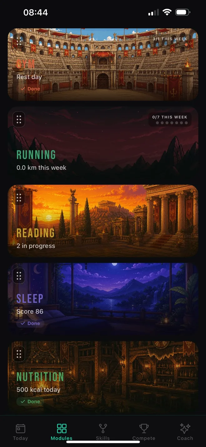 The OPTMZ modules list, where Gym, Running, Reading, Sleep and Nutrition each appear as a card with its own illustrated pixel-art world and the day’s progress.