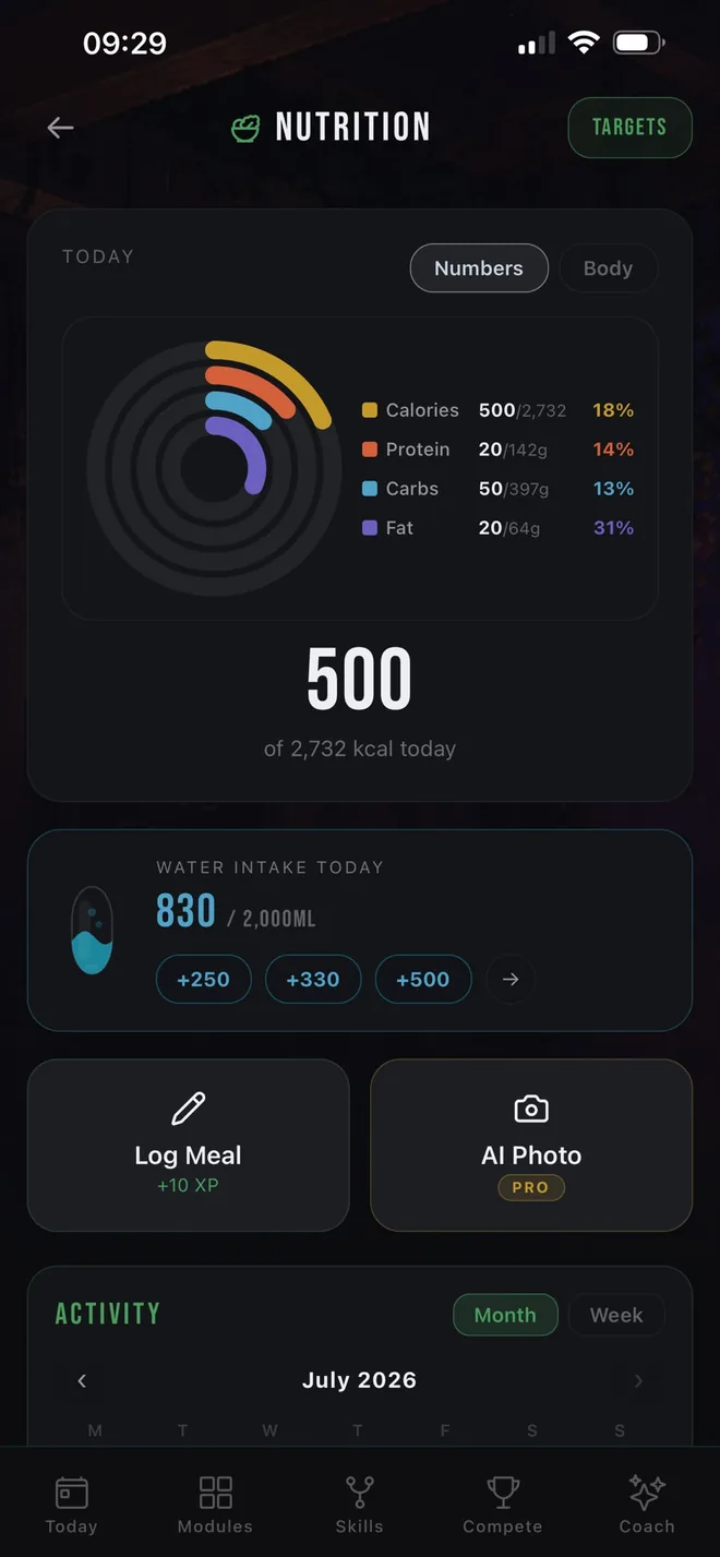 The OPTMZ nutrition screen showing calories, protein, carbohydrate and fat progress against daily targets, water intake with quick add buttons, and options to log a meal manually or analyse a photo with AI.