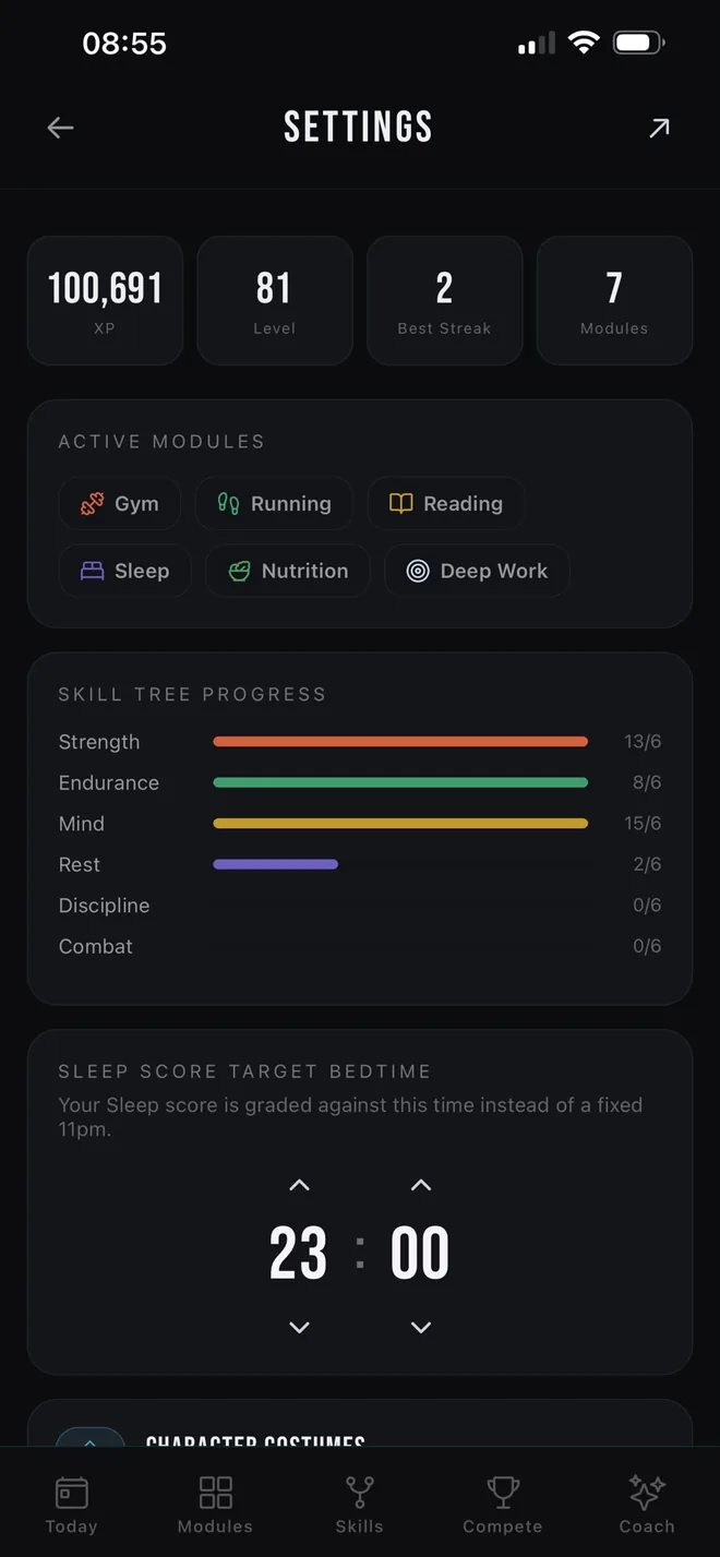 The OPTMZ settings screen showing total experience, level, best streak, active modules and progress bars for each skill tree branch.