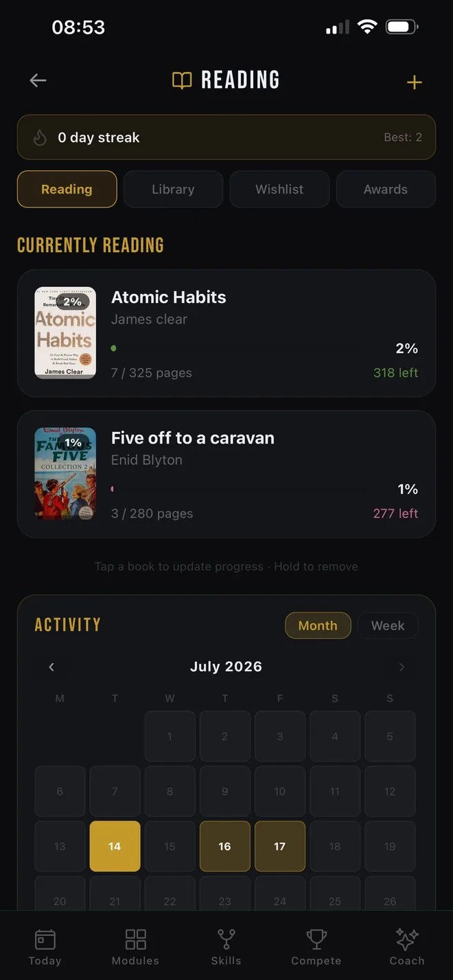 The OPTMZ reading screen listing books currently in progress with pages read, percentage complete and a monthly reading activity calendar.