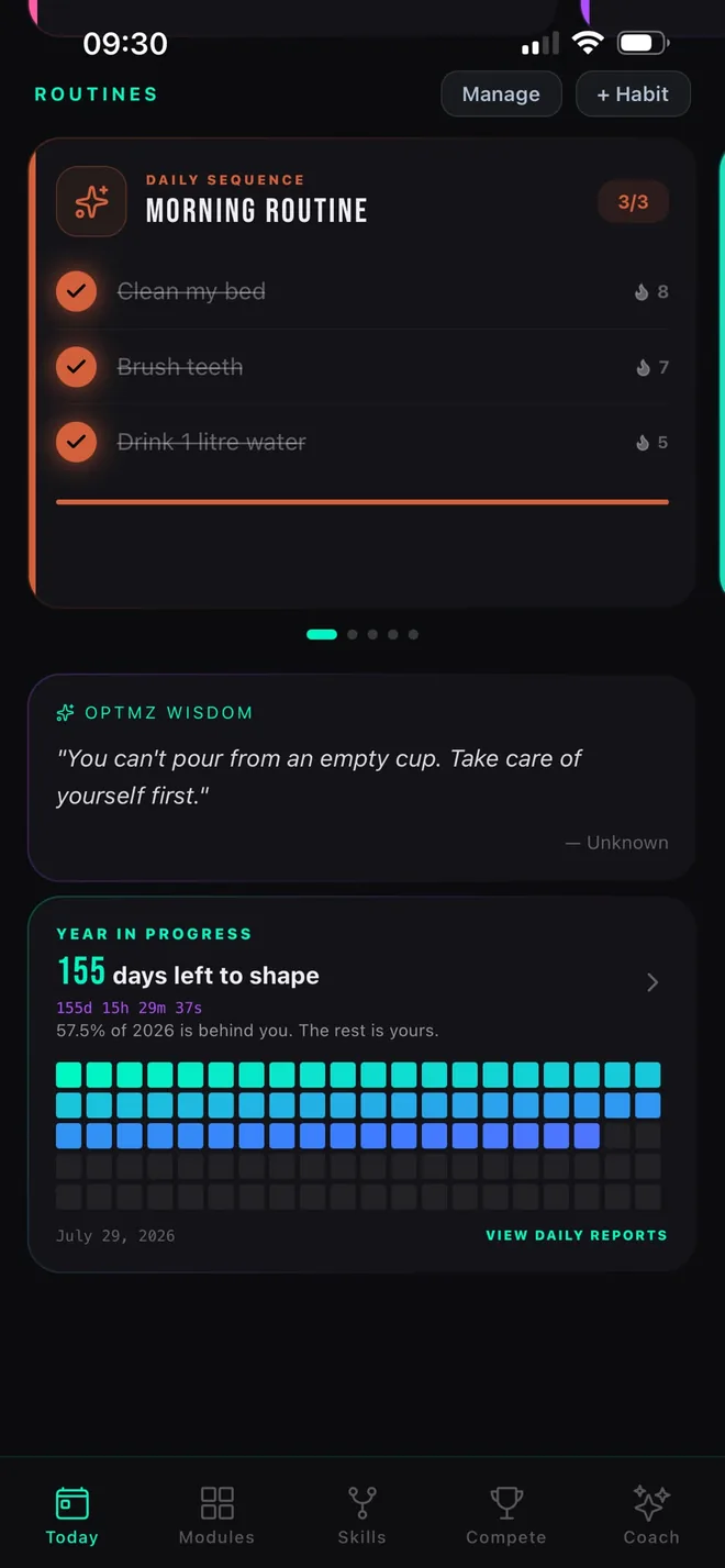 The OPTMZ routines screen showing a completed morning routine with three ticked habits and their individual streaks, plus a year in progress panel counting the days left in the year.