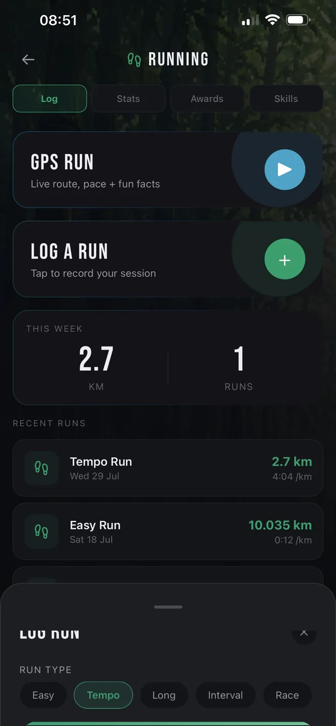 The OPTMZ running module with options to start a GPS run or log one manually, weekly distance totals and a list of recent runs with pace.