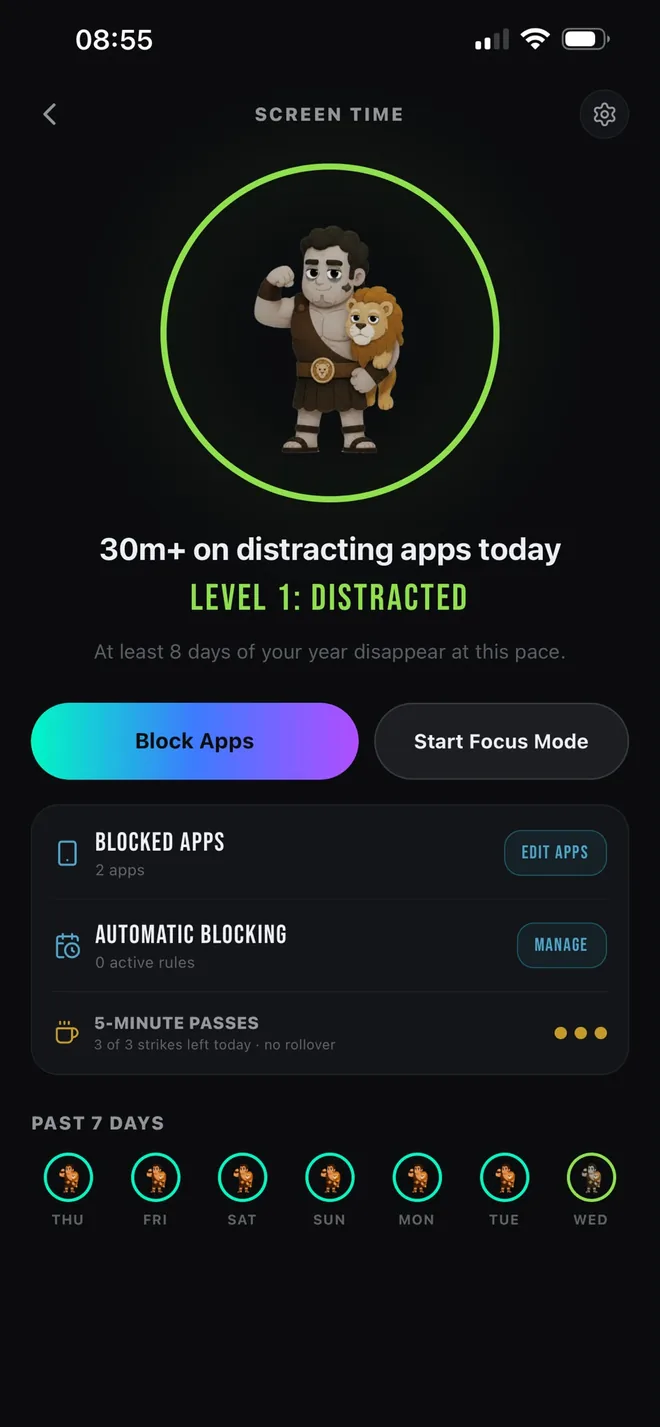 The OPTMZ screen time screen showing time spent on distracting apps, a block apps button, the list of apps the user chose to restrict and a seven day history.