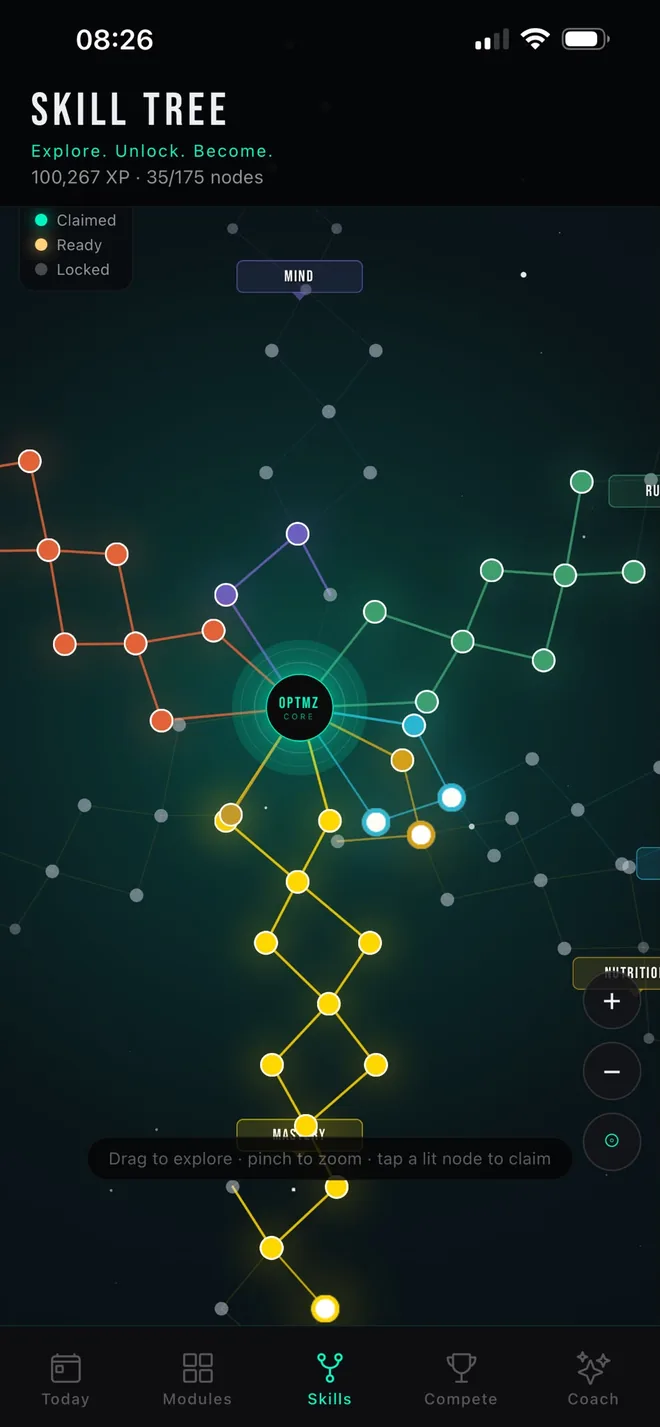 The OPTMZ skill tree, a constellation of connected nodes branching from a central OPTMZ Core into coloured paths for Mind, Running and Nutrition, showing 35 of 175 nodes claimed.