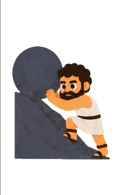 Sisyphus illustrated as a bearded figure in a white robe pushing a large grey boulder up a slope, the OPTMZ consistency character.