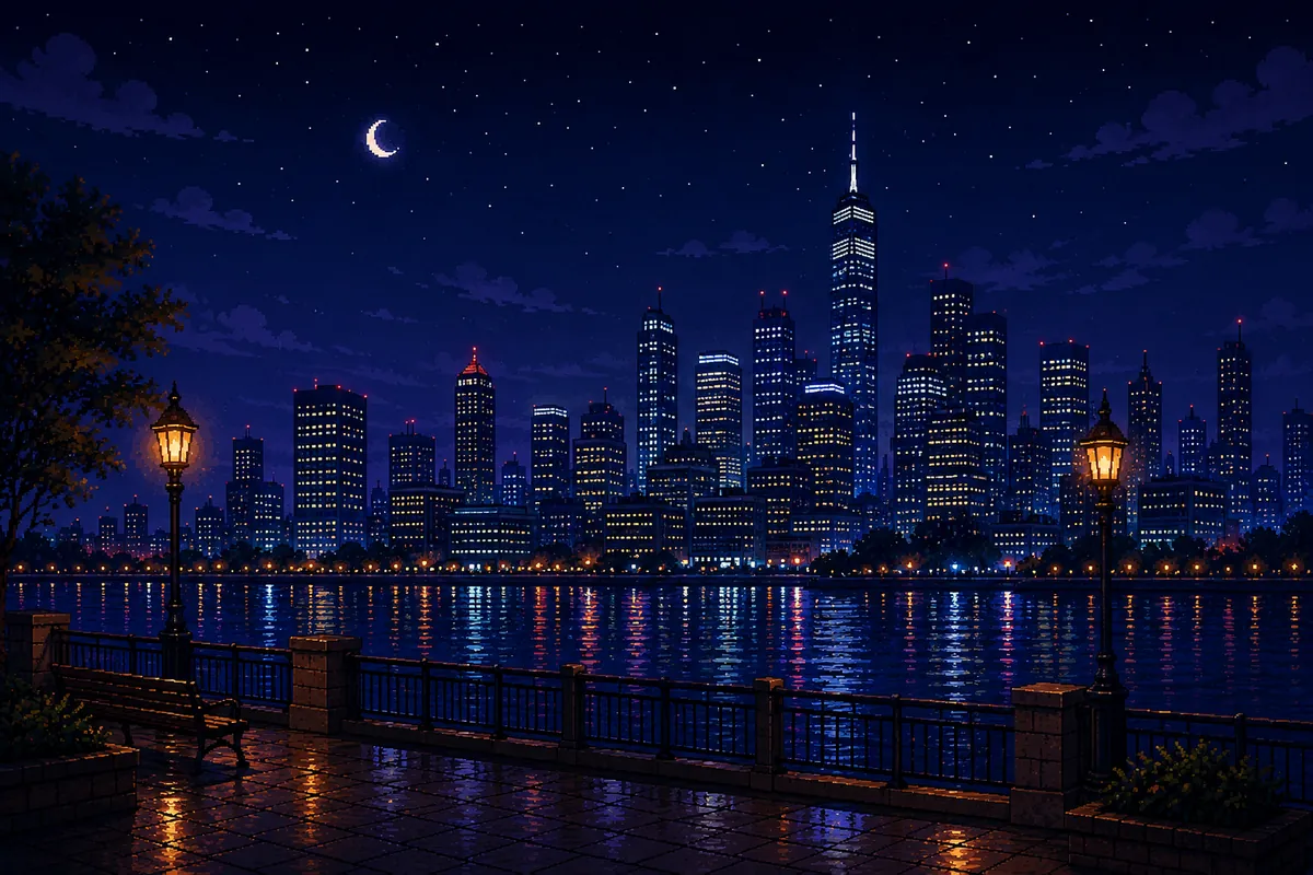 Pixel art of an OPTMZ sleep world showing a waterfront promenade at night with a crescent moon above a lit city skyline reflected in the water.