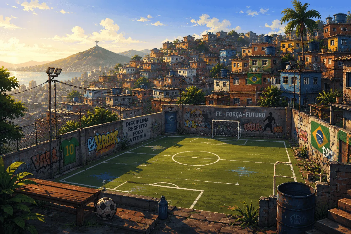 Pixel art of a hillside street football pitch at golden hour, surrounded by colourful stacked houses and murals reading discipline, respect and focus.