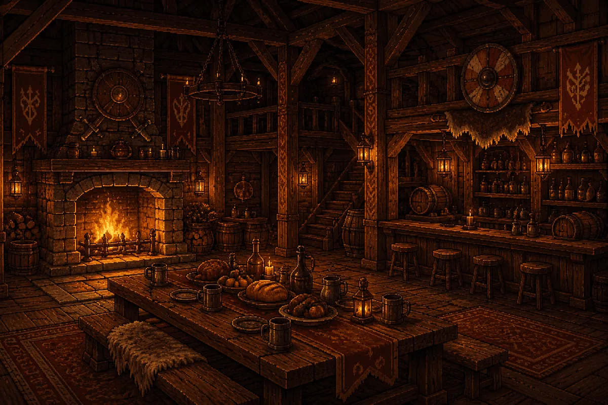 Pixel art of an OPTMZ world showing a warm timber tavern hall with a stone fireplace, long dining table, lanterns and hanging banners.