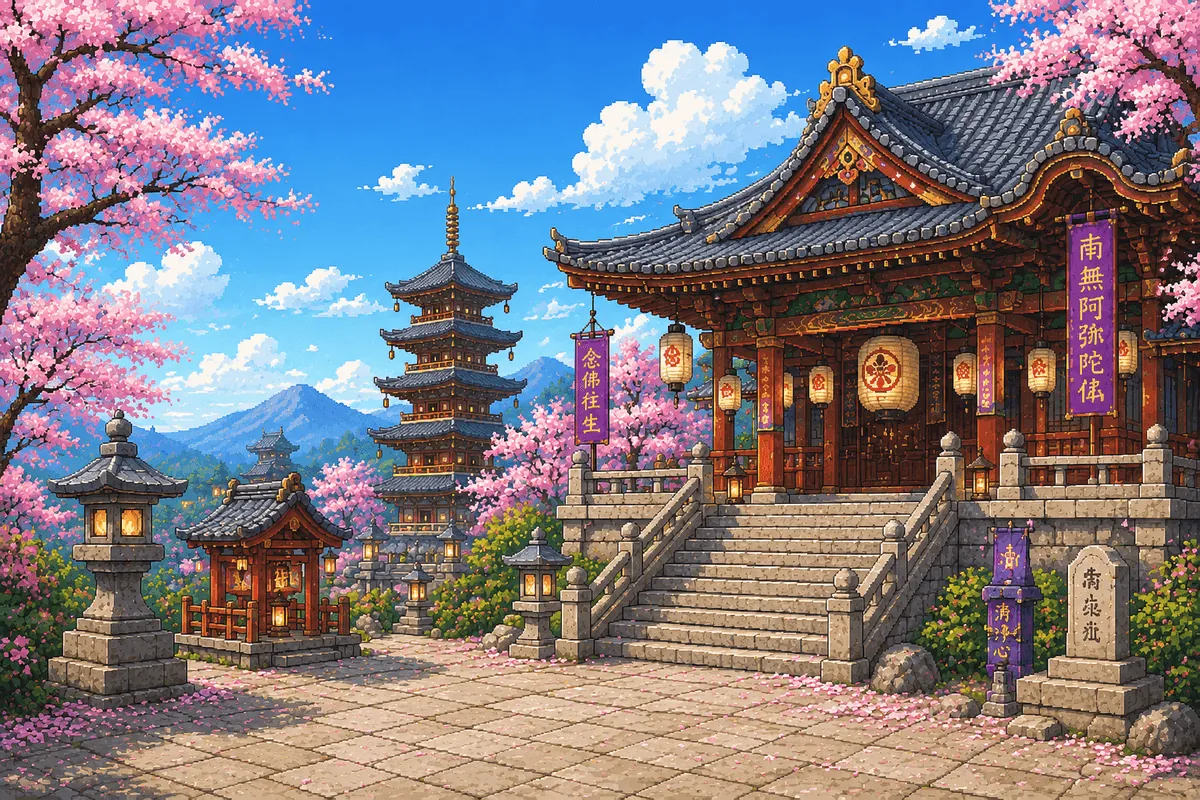 Pixel art of an OPTMZ focus world showing a mountain temple with a pagoda, stone lanterns and cherry blossom trees under a bright blue sky.