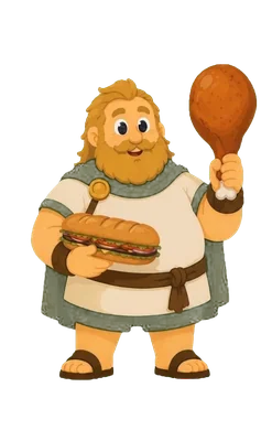 A cartoon Norse figure in a green cloak holding a sandwich and a roast drumstick, the OPTMZ nutrition character.